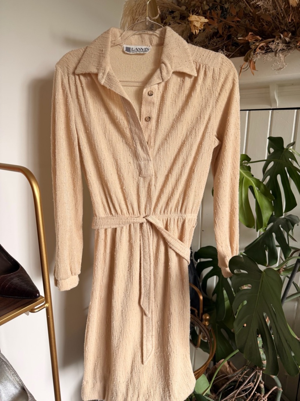 Vintage Lanvin Beige Cream Long-Sleeve Dress with Tie Waist